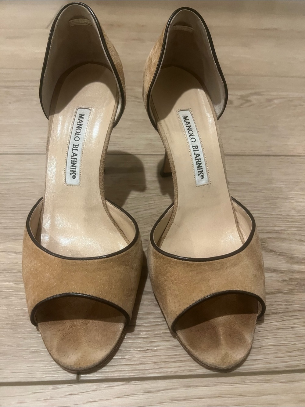 Vintage Manolo Blahnik Tan Suede D'Orsay Peep-Toe Pumps